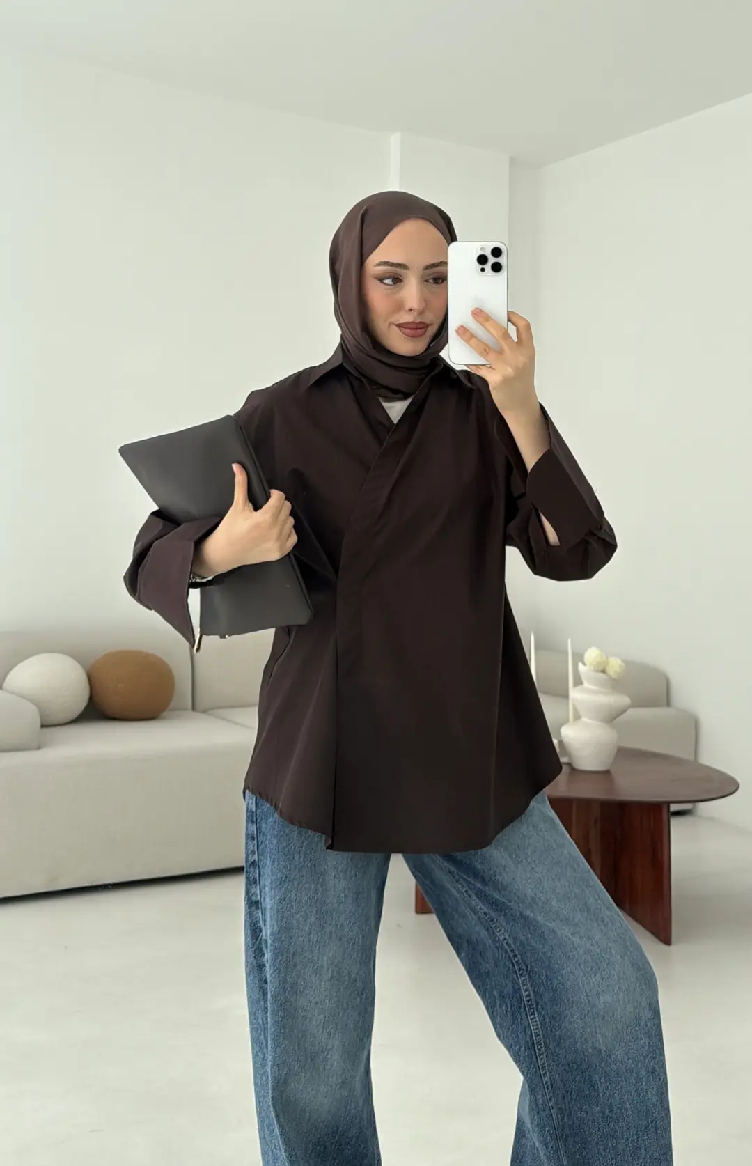 Yandan Düğmeli Gömlek Kahve - Görsel 5