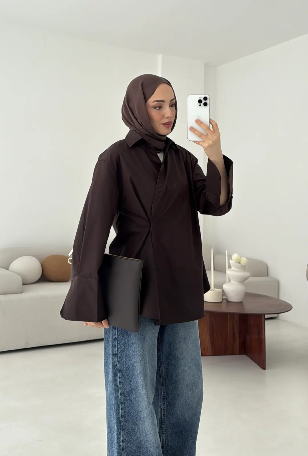 Yandan Düğmeli Gömlek Kahve - Görsel 6