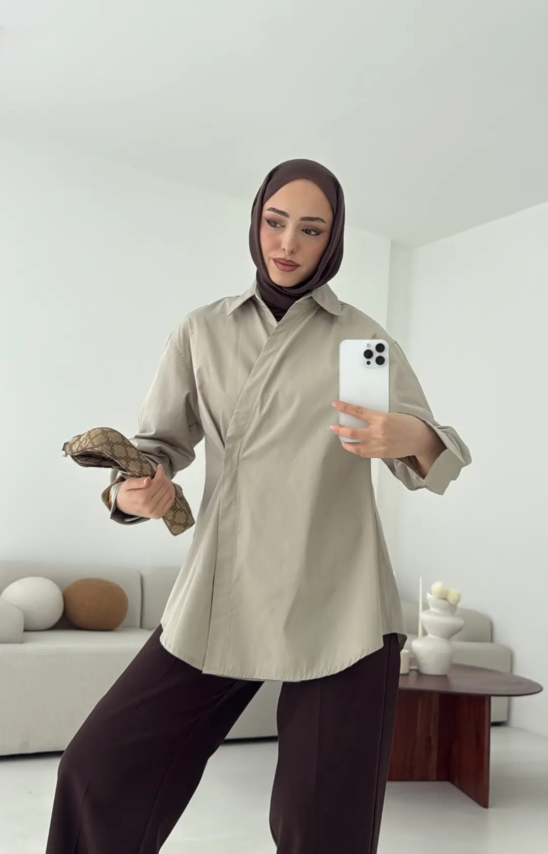 Yandan Düğmeli Gömlek Taş - Görsel 6