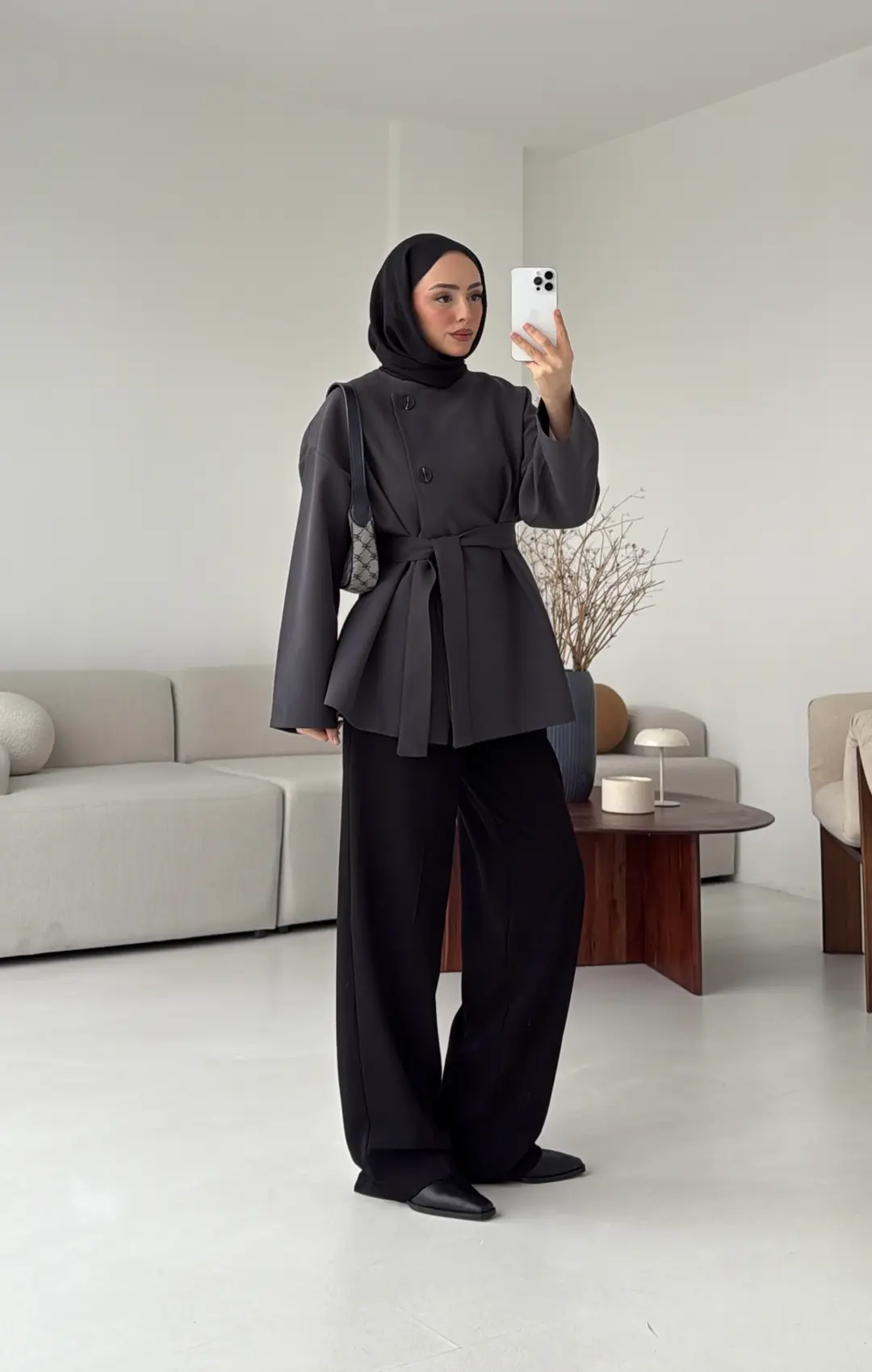 Yandan Düğmeli Kemerli Ceket Antrasit