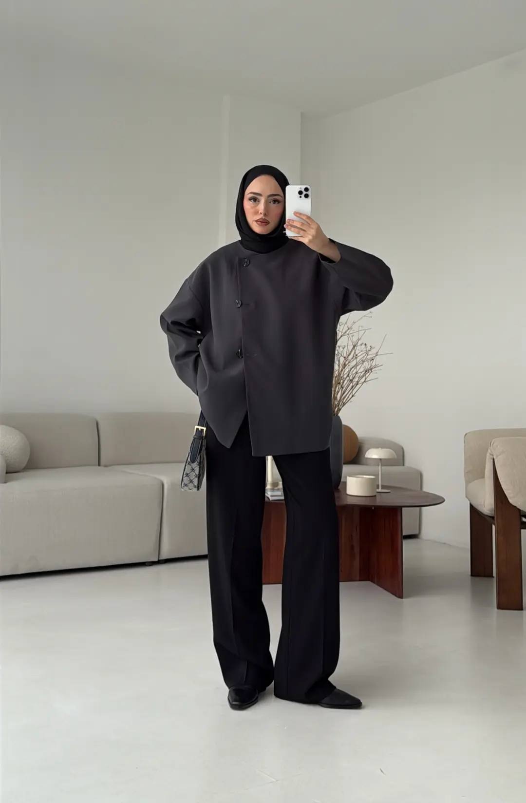 Yandan Düğmeli Kemerli Ceket Antrasit - Görsel 10