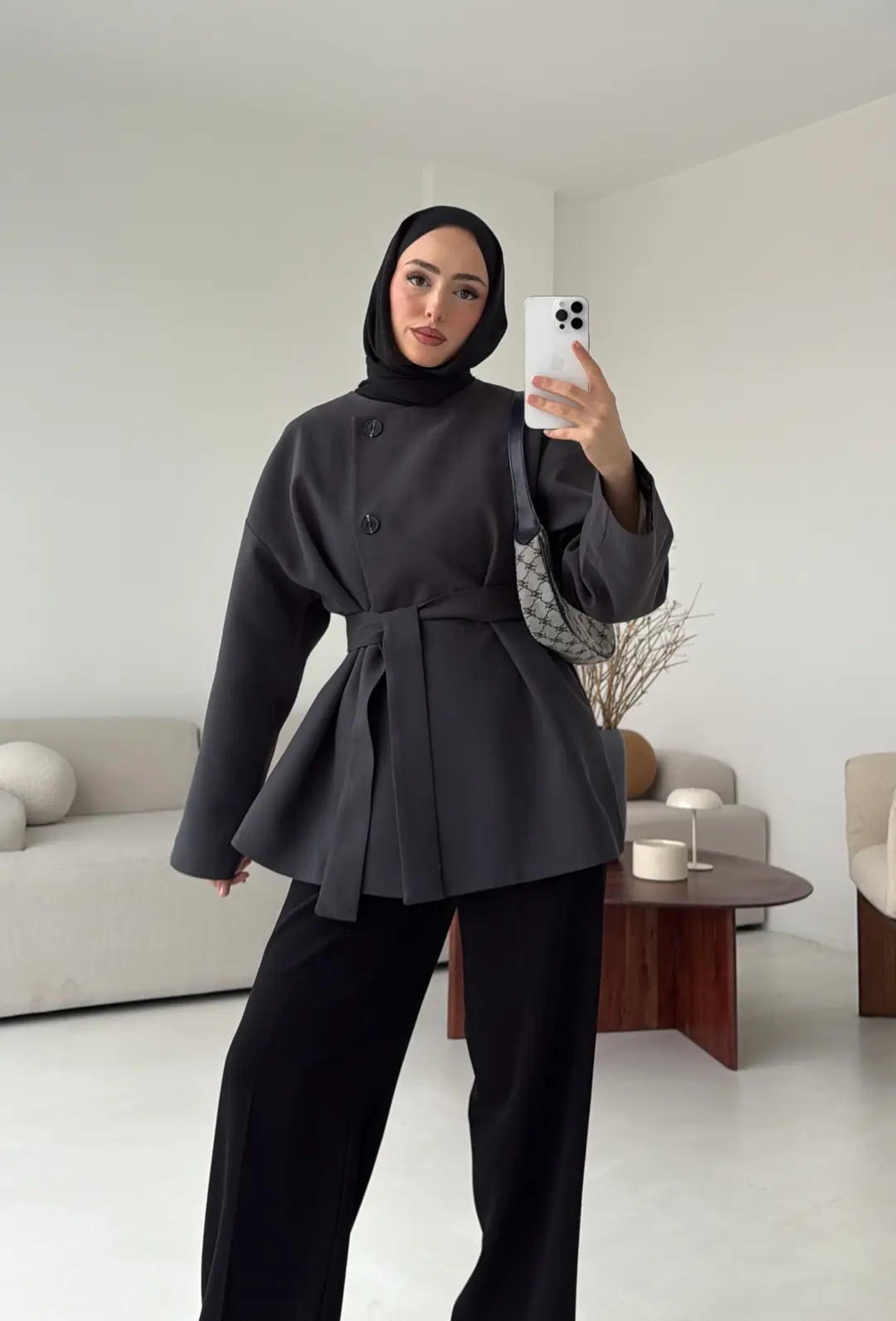 Yandan Düğmeli Kemerli Ceket Antrasit - Görsel 2