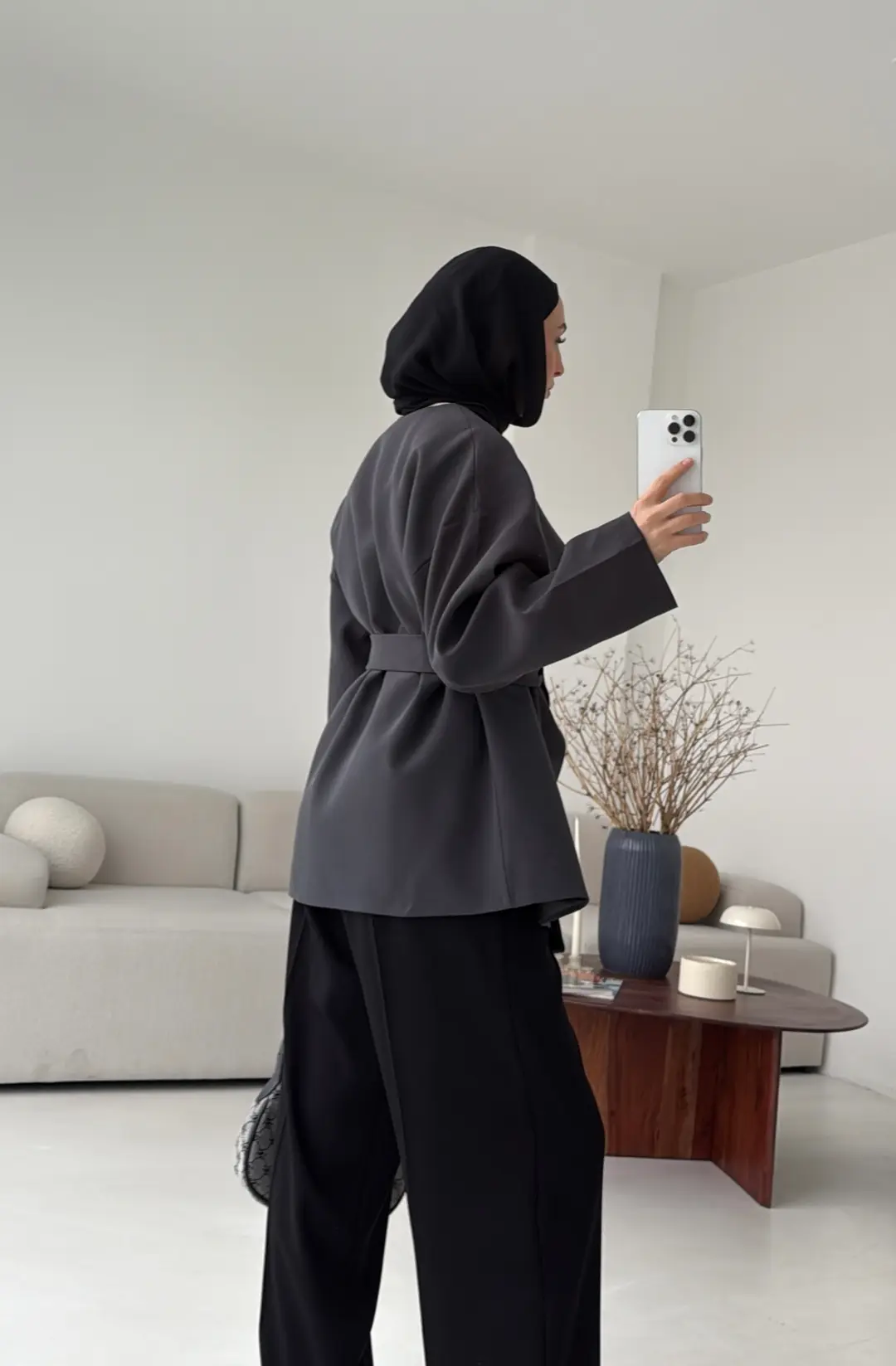 Yandan Düğmeli Kemerli Ceket Antrasit - Görsel 3