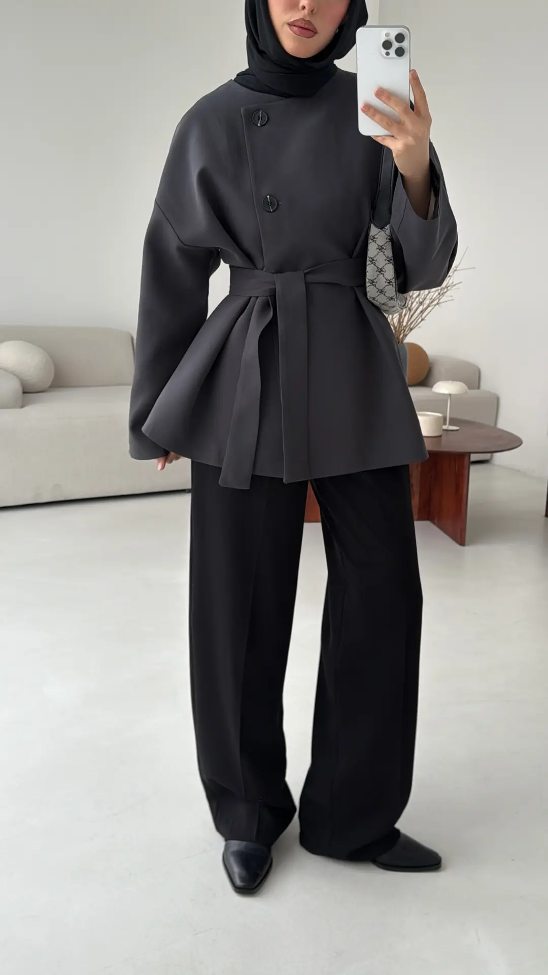 Yandan Düğmeli Kemerli Ceket Antrasit - Görsel 5