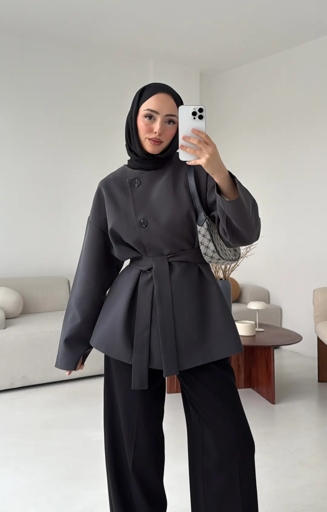 Yandan Düğmeli Kemerli Ceket Antrasit - Görsel 6