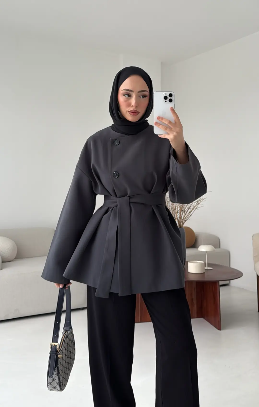 Yandan Düğmeli Kemerli Ceket Antrasit - Görsel 8