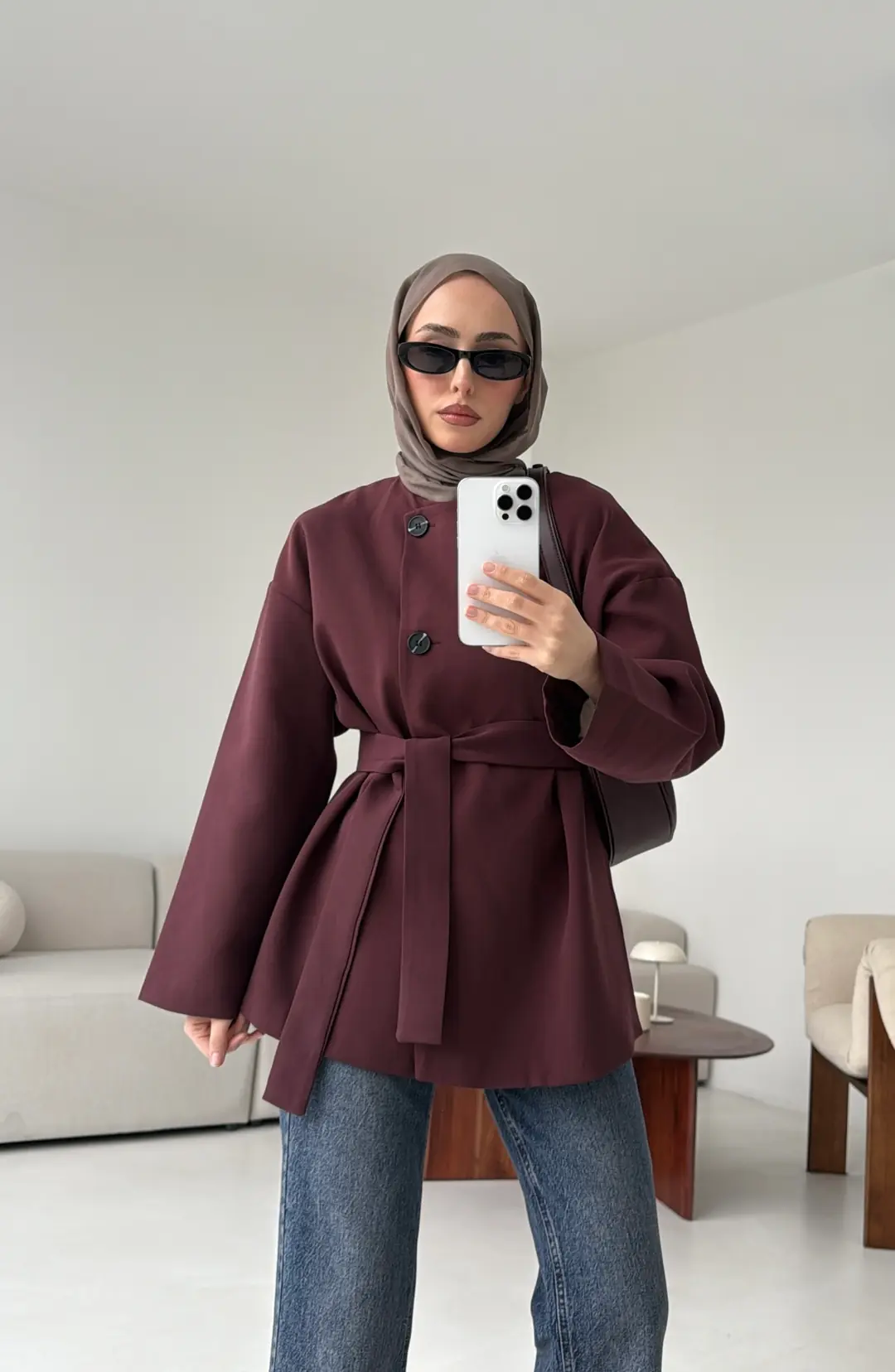 Yandan Düğmeli Kemerli Ceket Bordo - Görsel 3