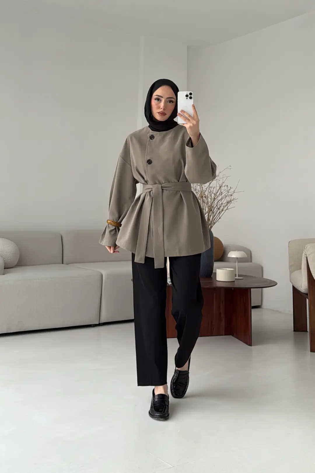 Yandan Düğmeli Kemerli Ceket Haki - Görsel 2