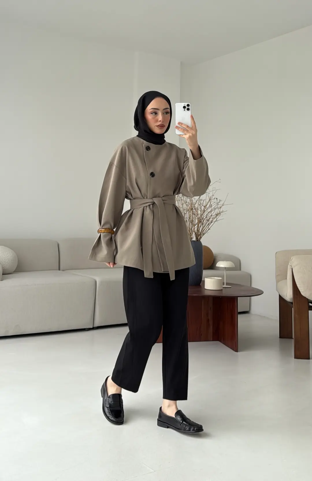 Yandan Düğmeli Kemerli Ceket Haki - Görsel 3