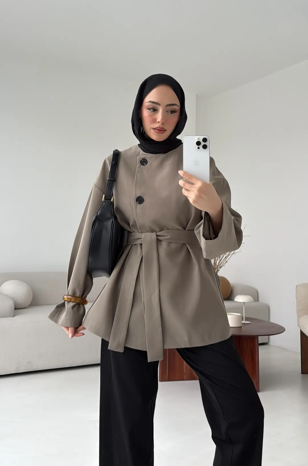 Yandan Düğmeli Kemerli Ceket Haki - Görsel 4