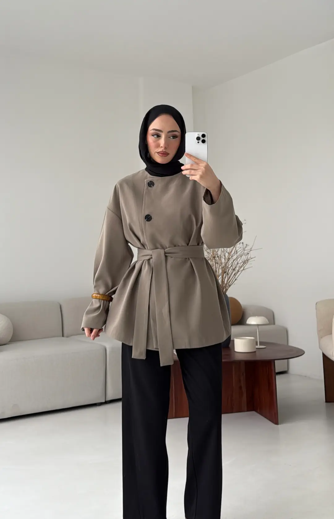 Yandan Düğmeli Kemerli Ceket Haki - Görsel 5