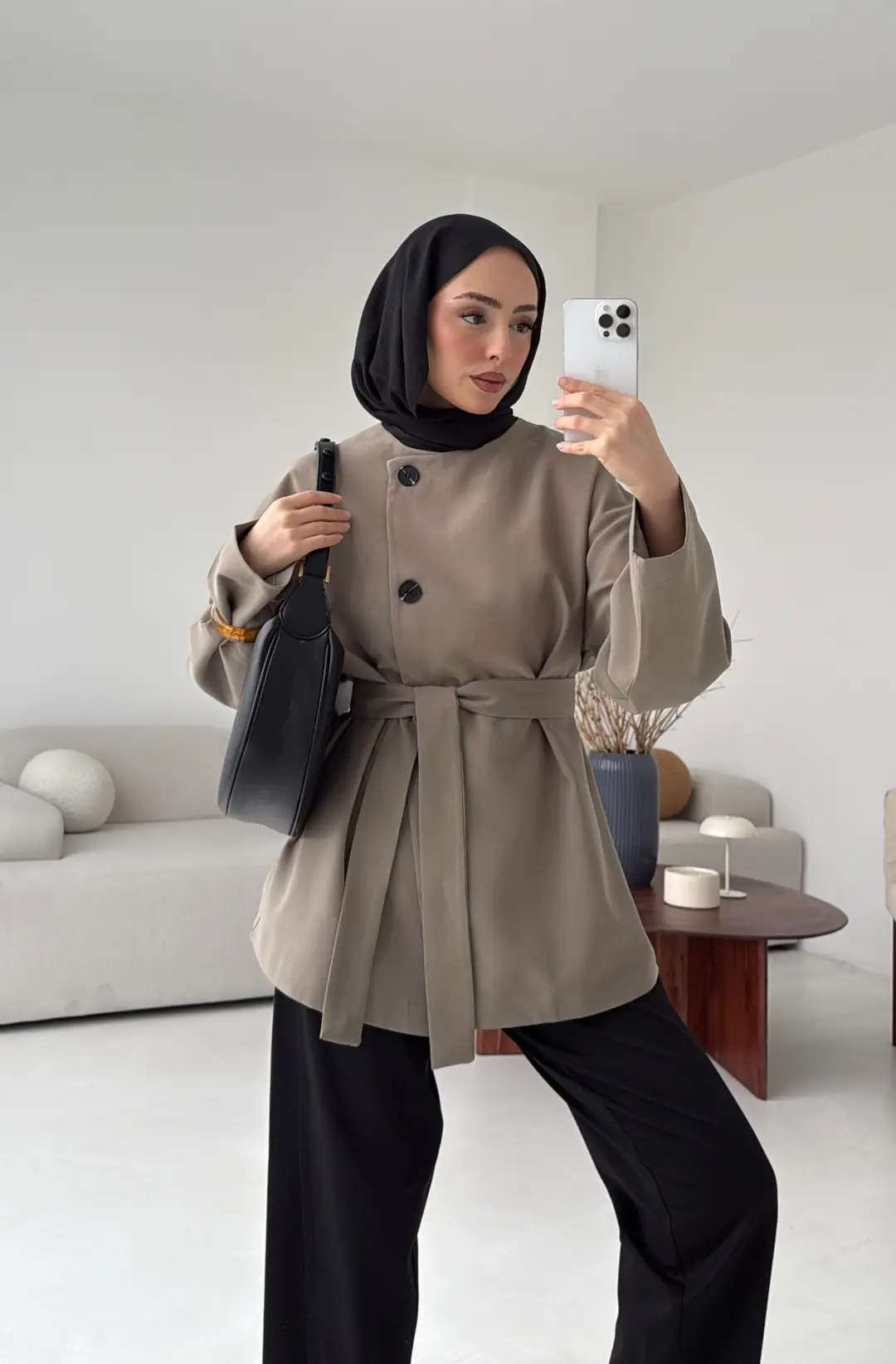 Yandan Düğmeli Kemerli Ceket Haki - Görsel 9