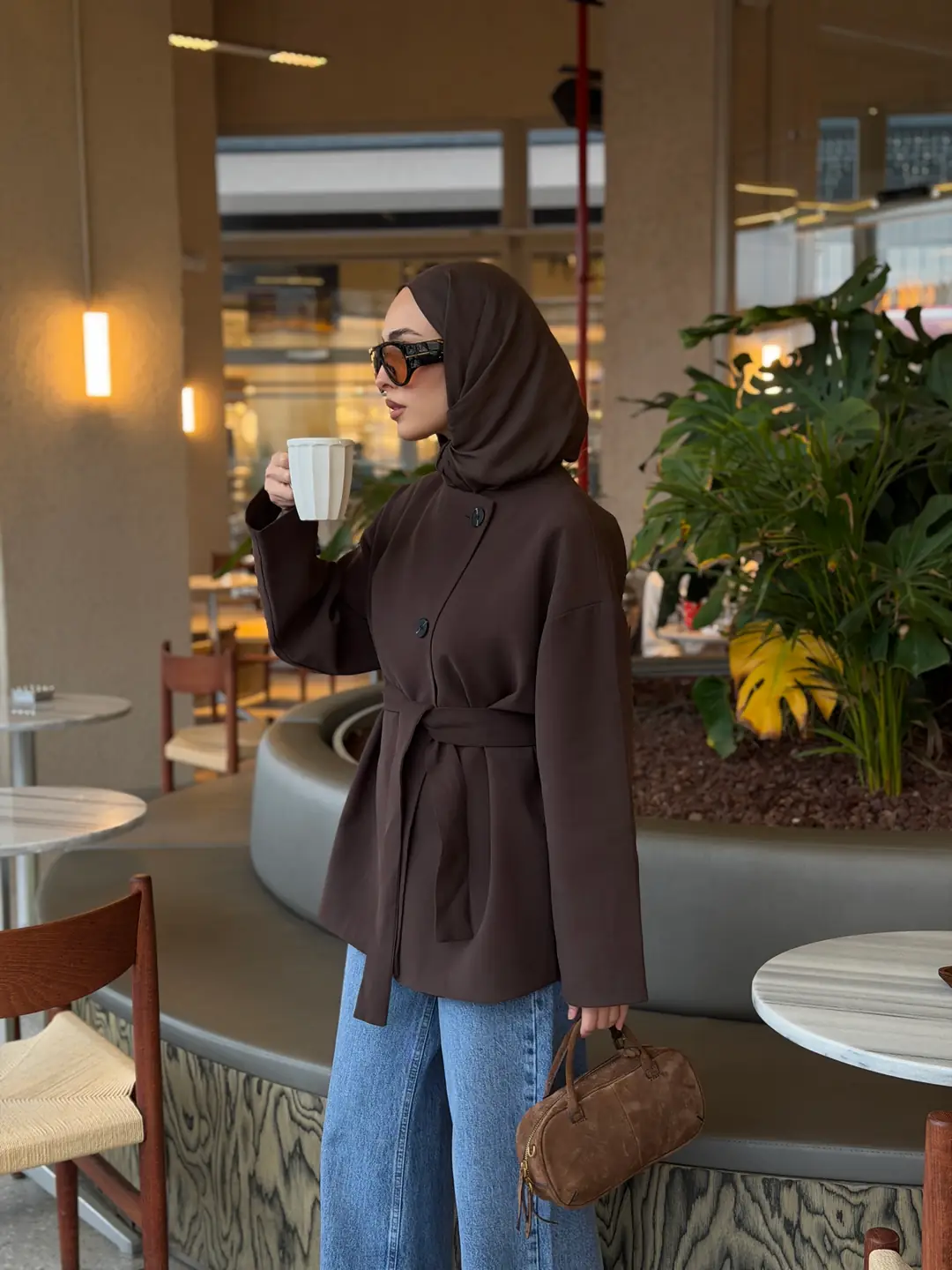 Yandan Düğmeli Kemerli Ceket Kahve