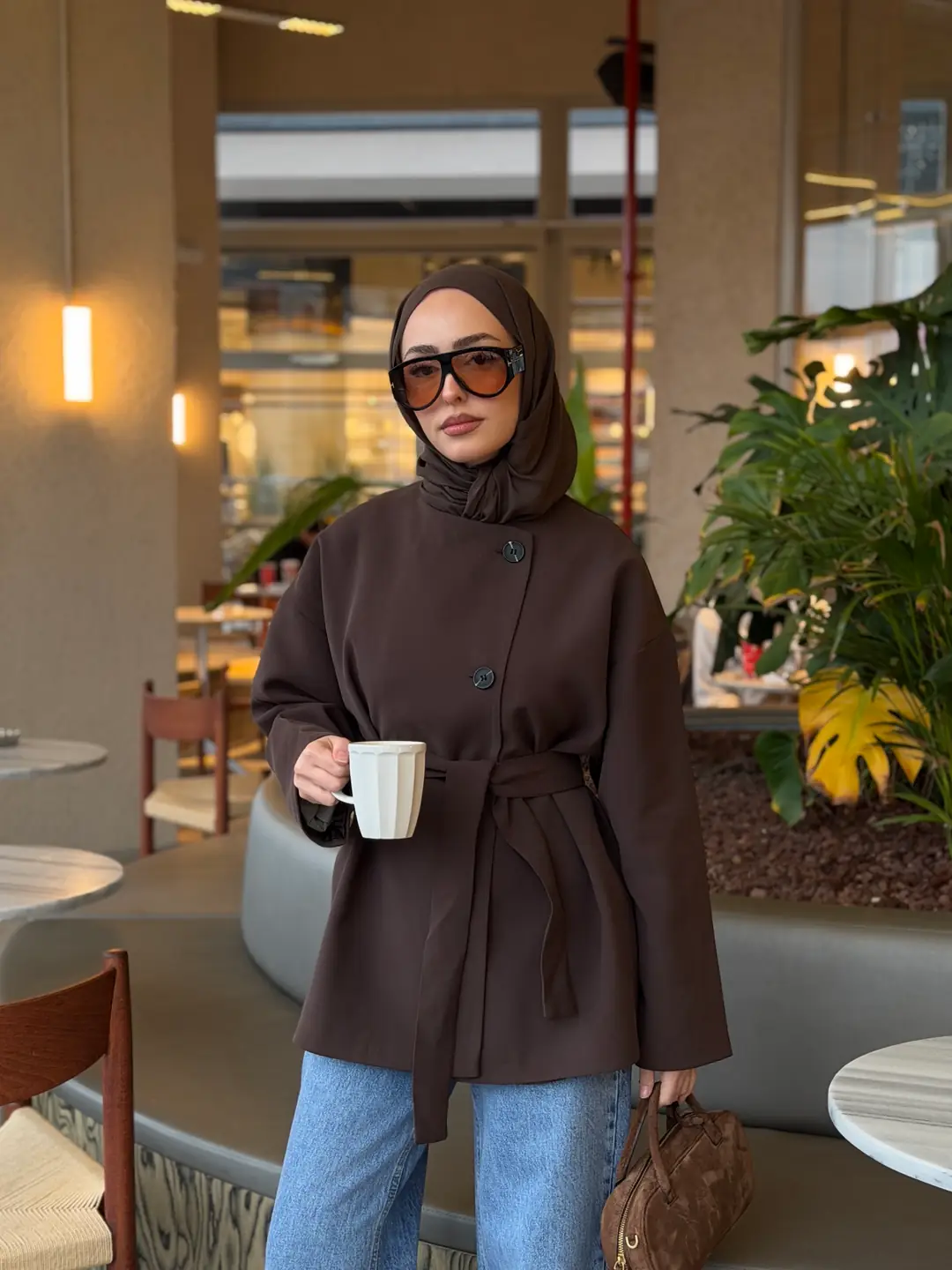 Yandan Düğmeli Kemerli Ceket Kahve - Görsel 6