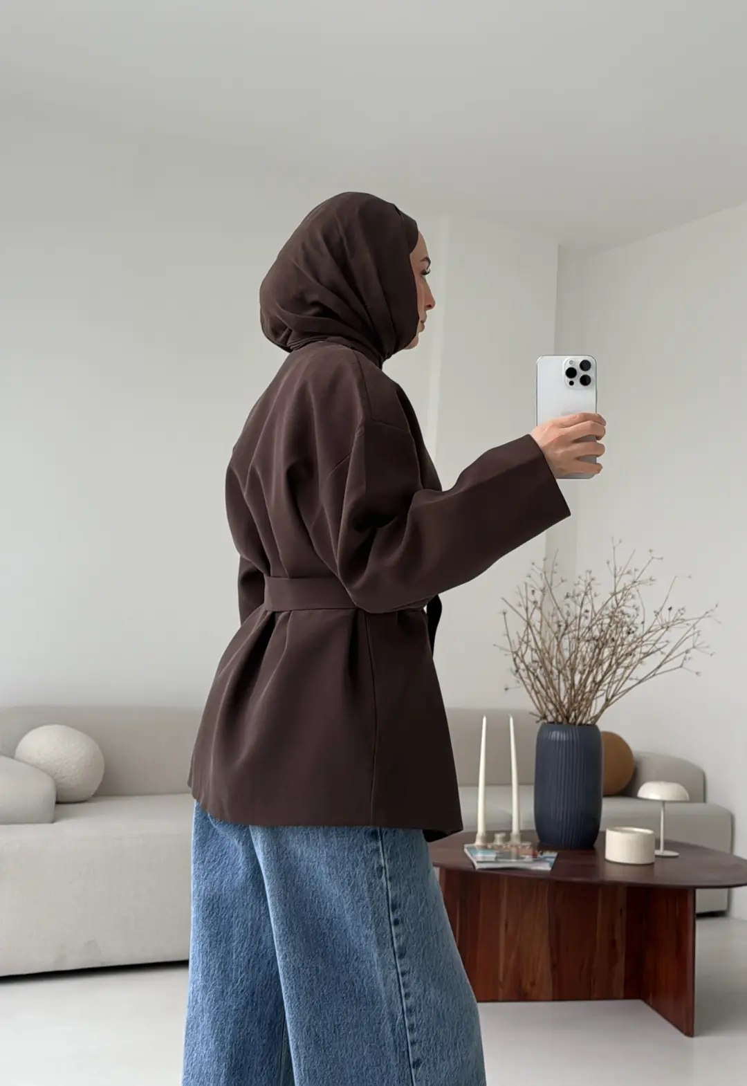 Yandan Düğmeli Kemerli Ceket Kahve - Görsel 3