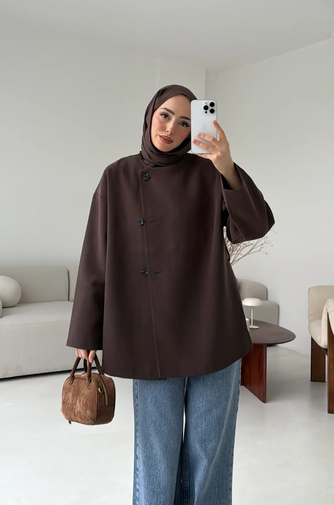 Yandan Düğmeli Kemerli Ceket Kahve - Görsel 4