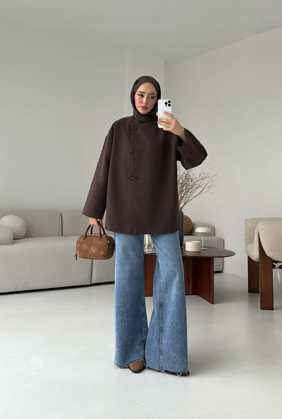 Yandan Düğmeli Kemerli Ceket Kahve - Görsel 5