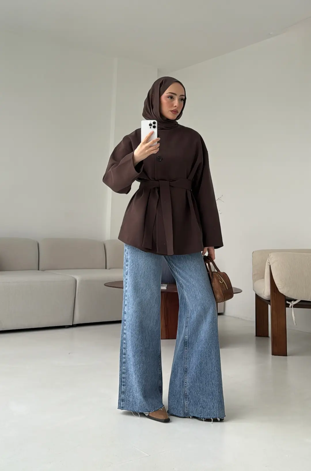 Yandan Düğmeli Kemerli Ceket Kahve - Görsel 6