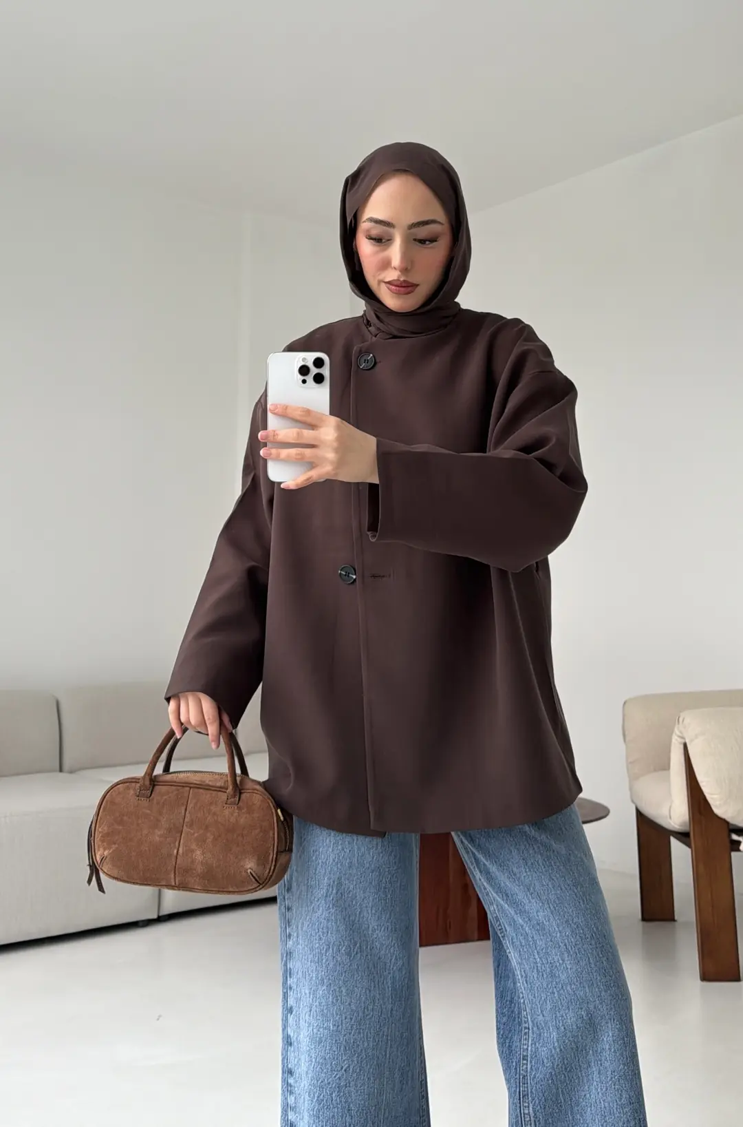 Yandan Düğmeli Kemerli Ceket Kahve - Görsel 7