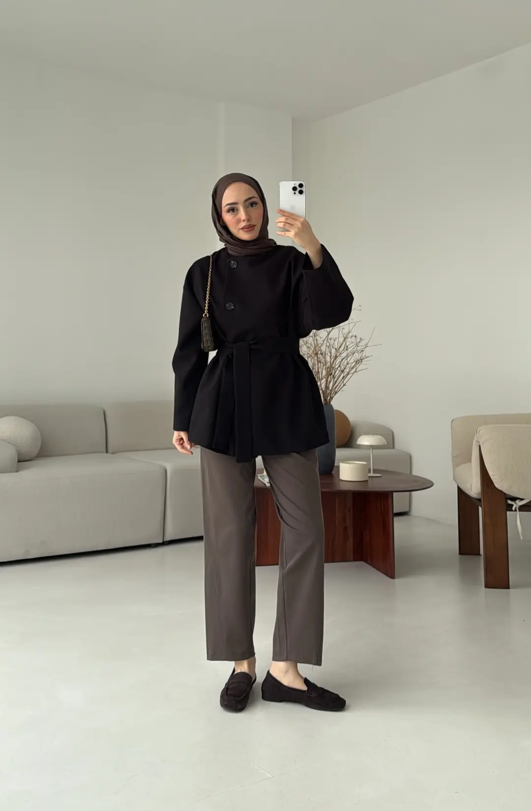 Yandan Düğmeli Kemerli Ceket Siyah - Görsel 2