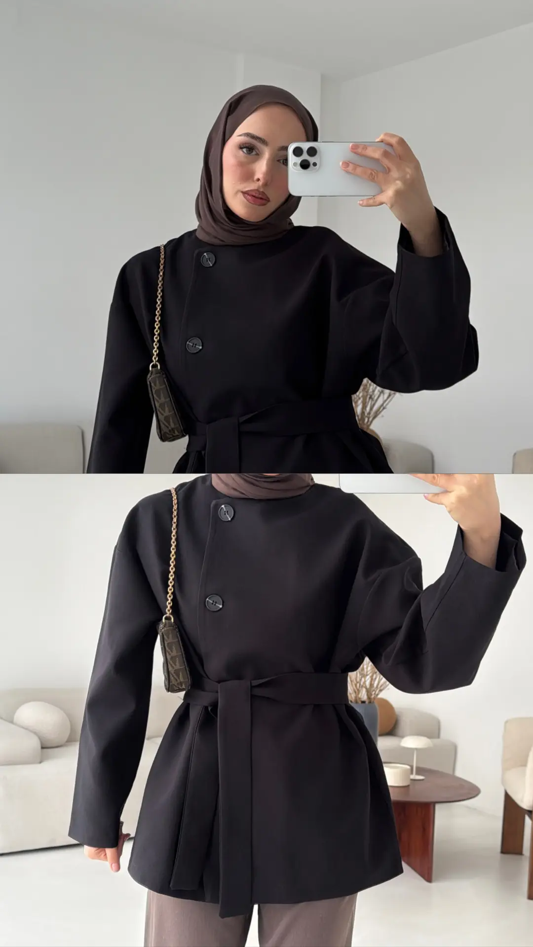 Yandan Düğmeli Kemerli Ceket Siyah - Görsel 4