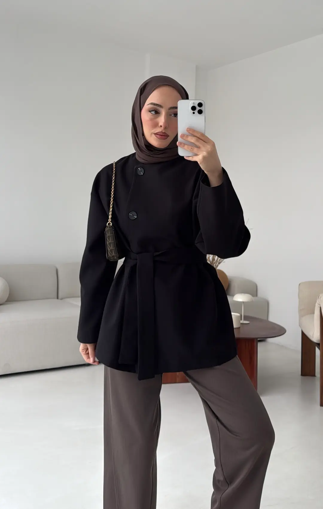 Yandan Düğmeli Kemerli Ceket Siyah - Görsel 5