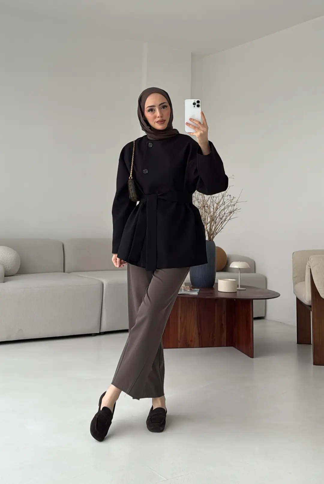 Yandan Düğmeli Kemerli Ceket Siyah - Görsel 7