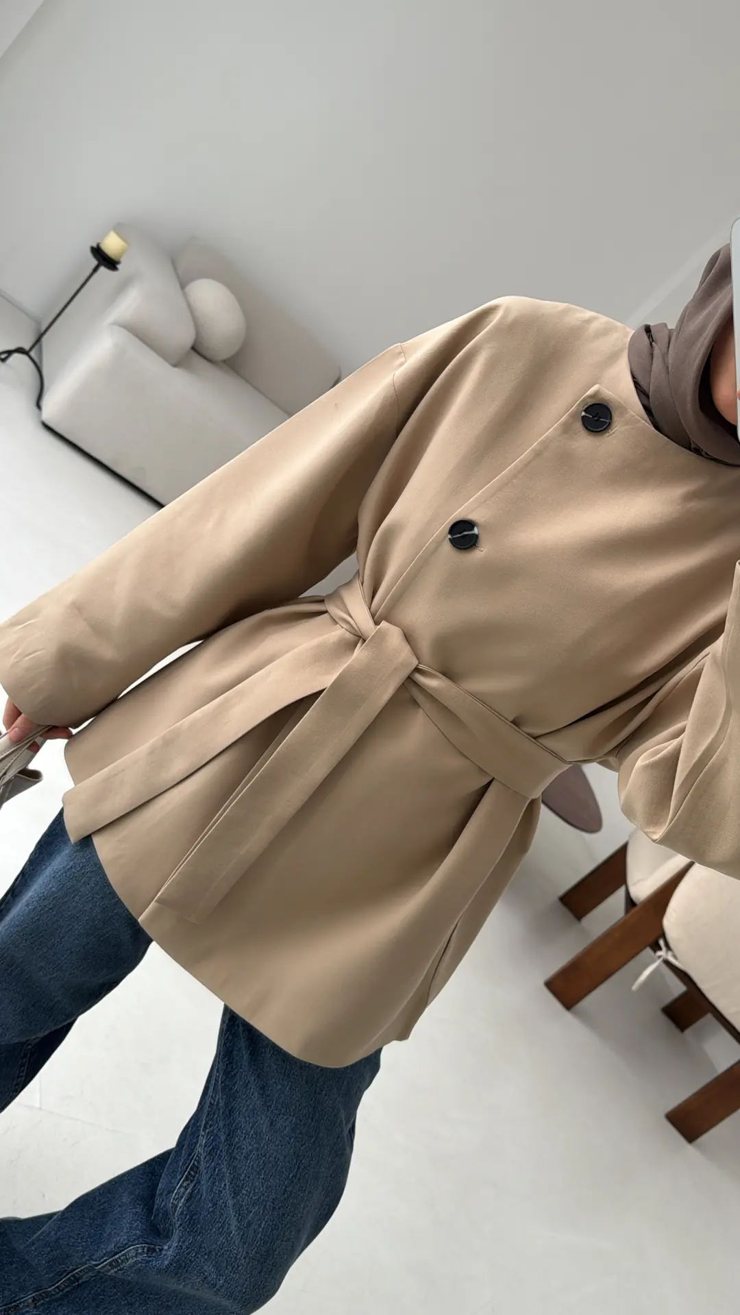 Yandan Düğmeli Kemerli Ceket Vizon - Görsel 2