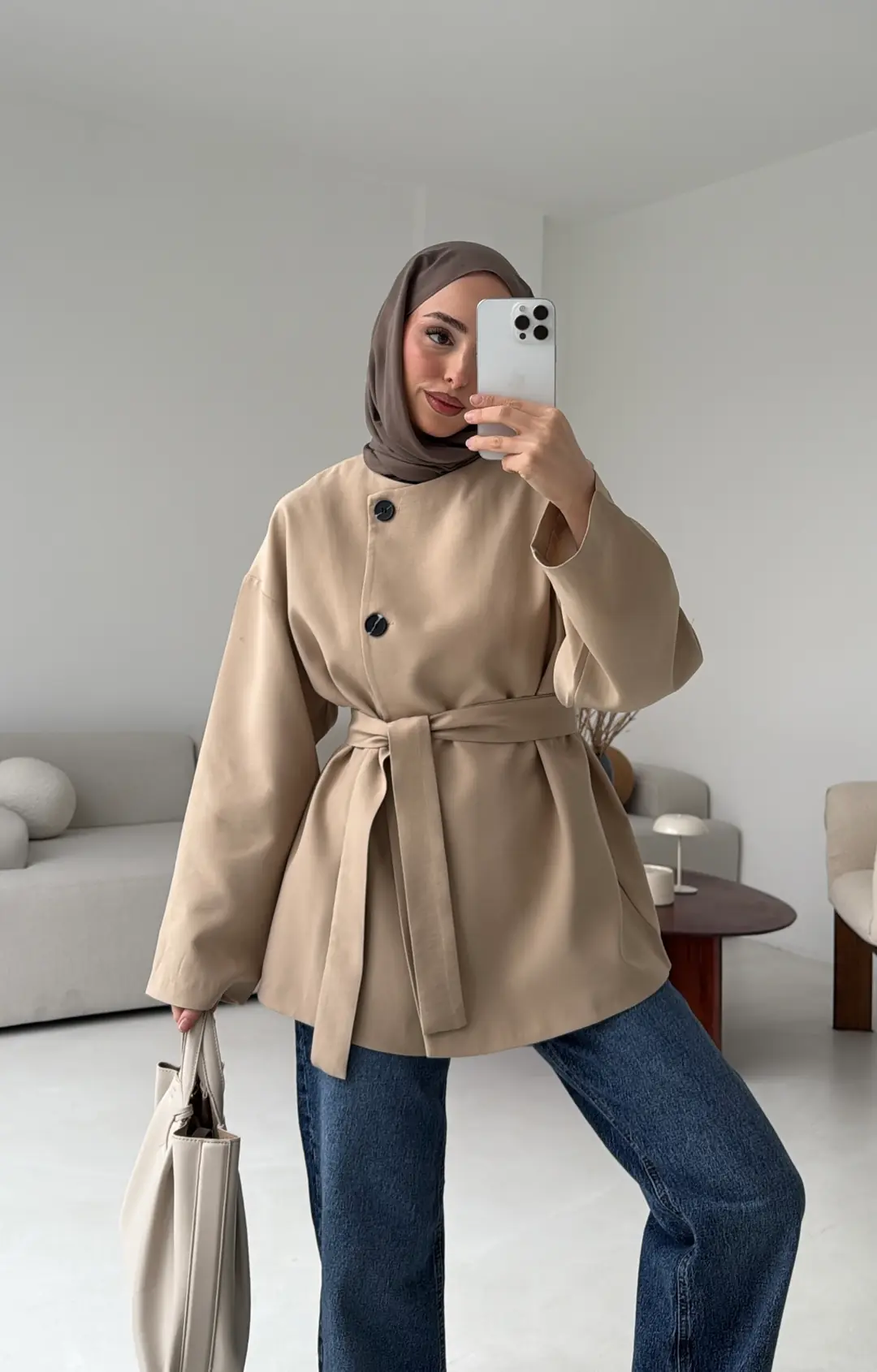 Yandan Düğmeli Kemerli Ceket Vizon - Görsel 4