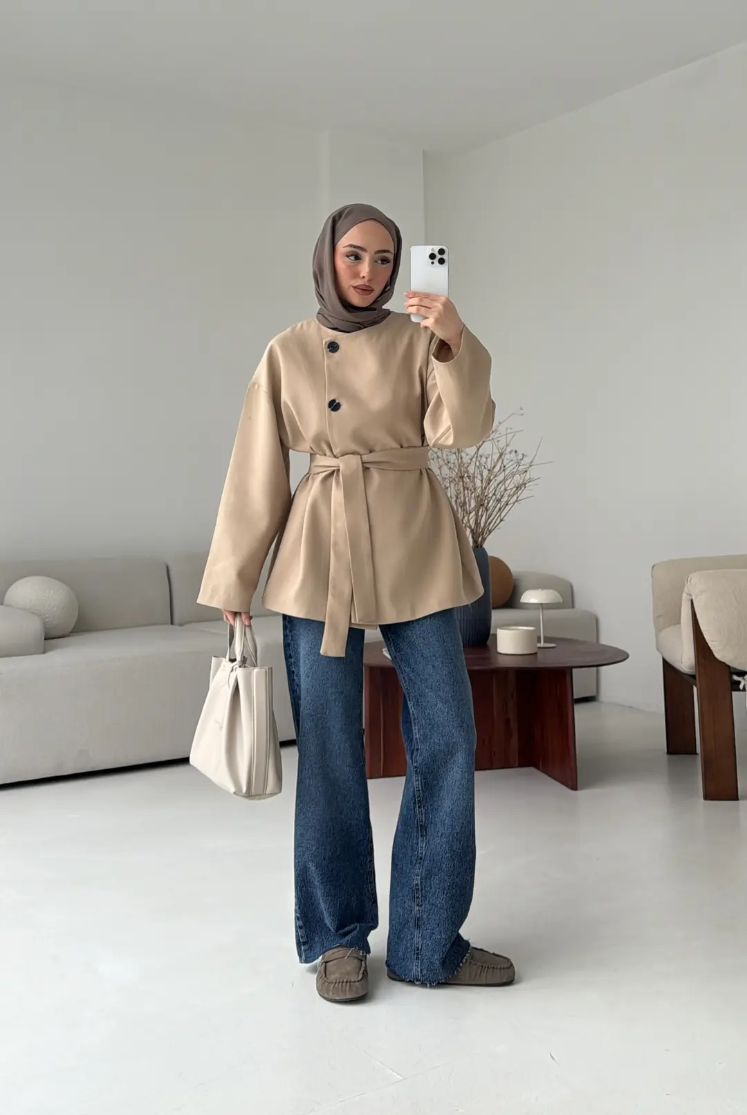 Yandan Düğmeli Kemerli Ceket Vizon - Görsel 5