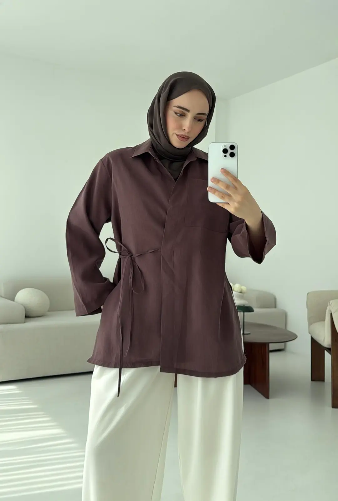 Yanı Yırtmaçlı Gömlek Kahve - Görsel 4