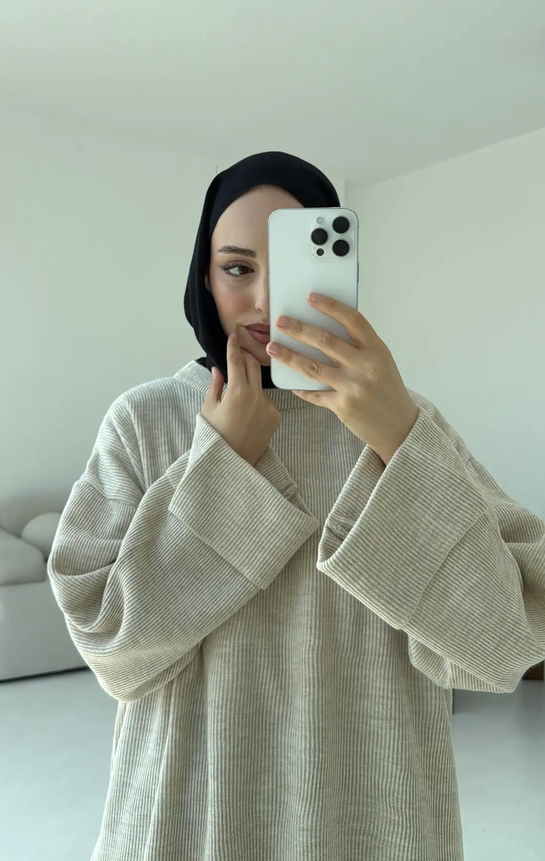 Yanı Yırtmaçlı Triko Kazak Bej - Görsel 6