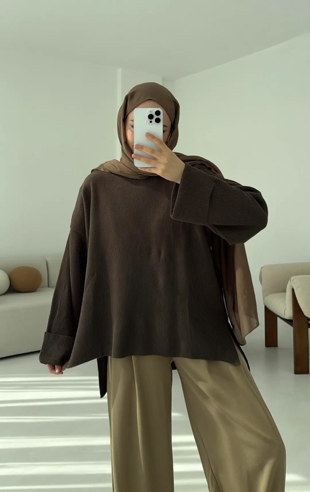 Yanı Yırtmaçlı Triko Kazak Kahve - Görsel 3