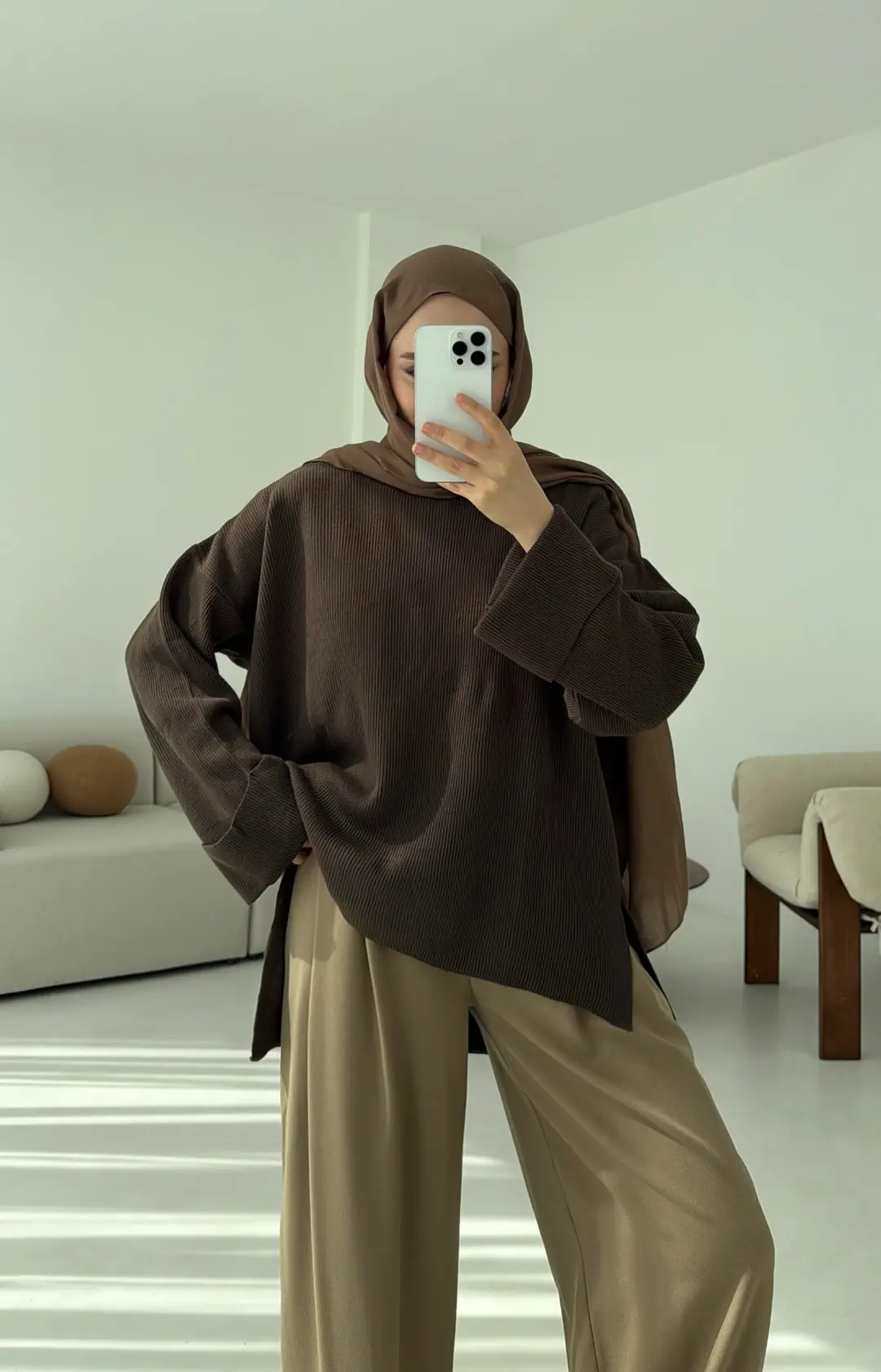 Yanı Yırtmaçlı Triko Kazak Kahve - Görsel 4