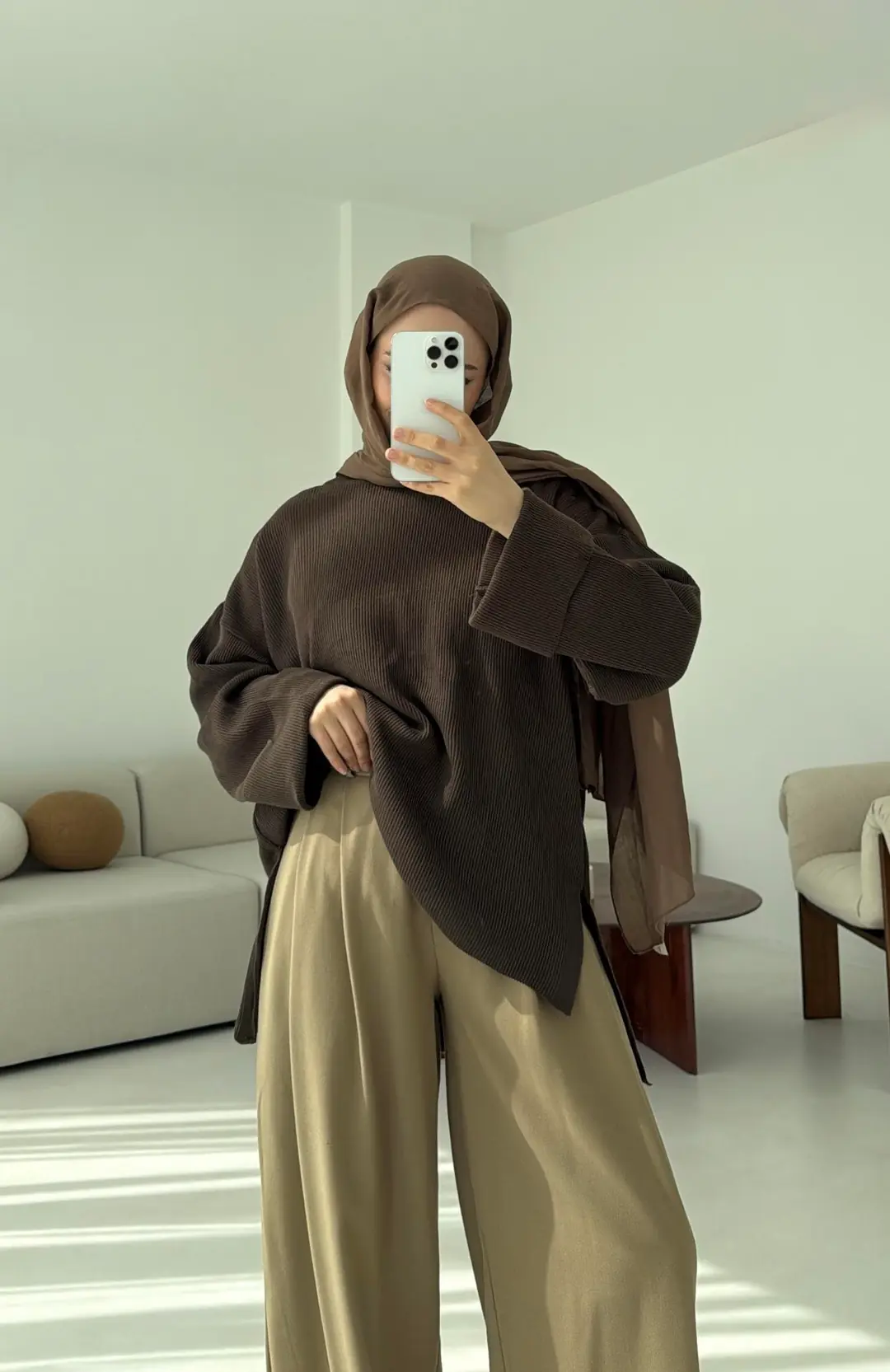 Yanı Yırtmaçlı Triko Kazak Kahve - Görsel 6