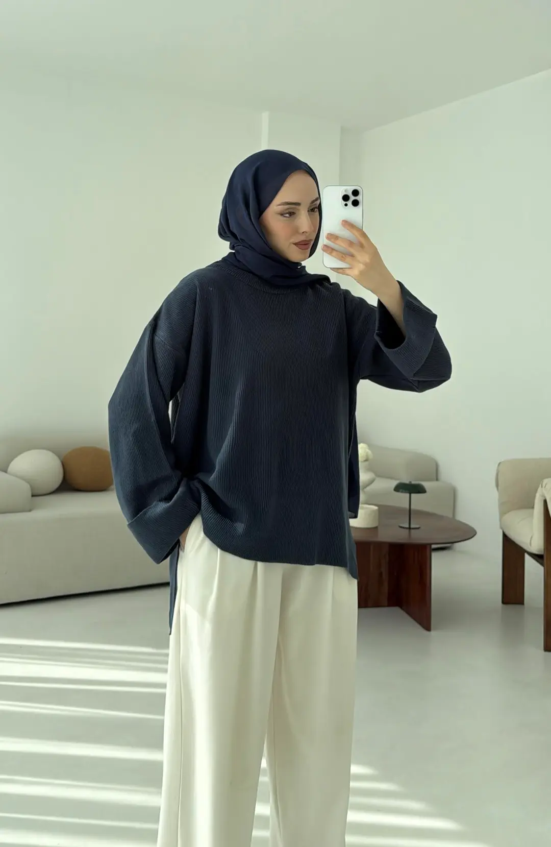 Yanı Yırtmaçlı Triko Kazak Mavi - Görsel 2