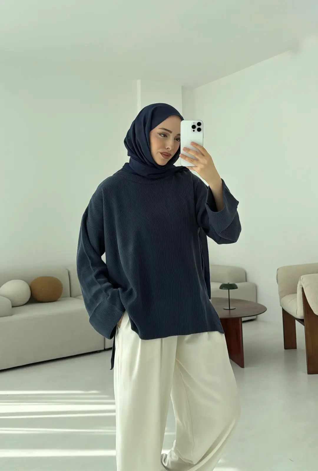 Yanı Yırtmaçlı Triko Kazak Mavi - Görsel 5