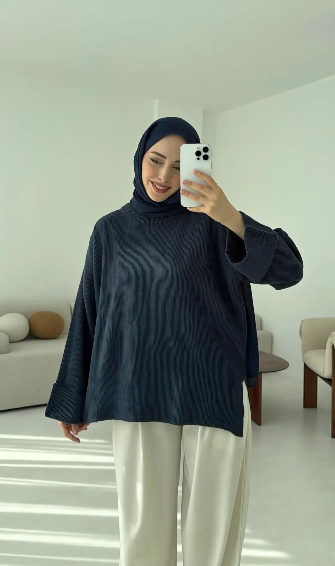 Yanı Yırtmaçlı Triko Kazak Mavi - Görsel 6