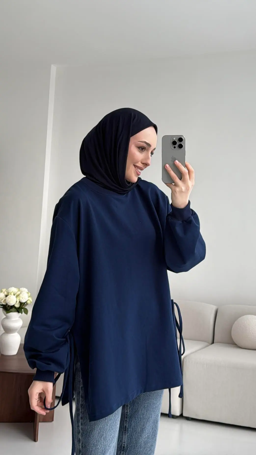 Yanları Bağlamalı Yazlık Sweatshirt Lacivert - Görsel 3