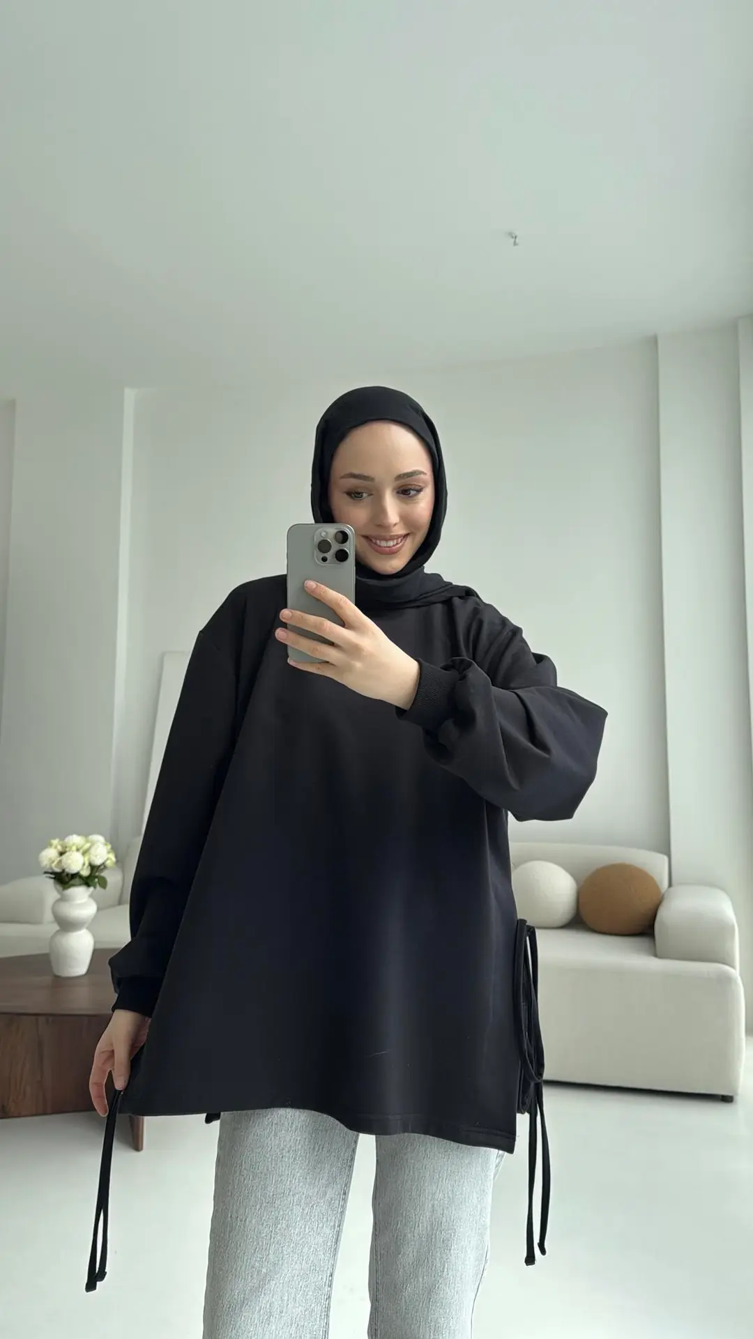 Yanları Bağlamalı Yazlık  Sweatshirt Siyah