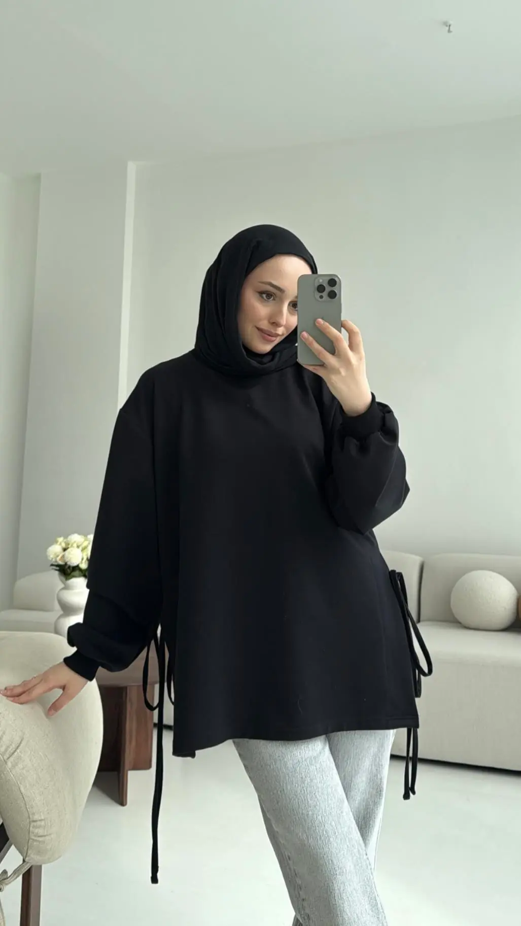 Yanları Bağlamalı Yazlık  Sweatshirt Siyah - Görsel 2