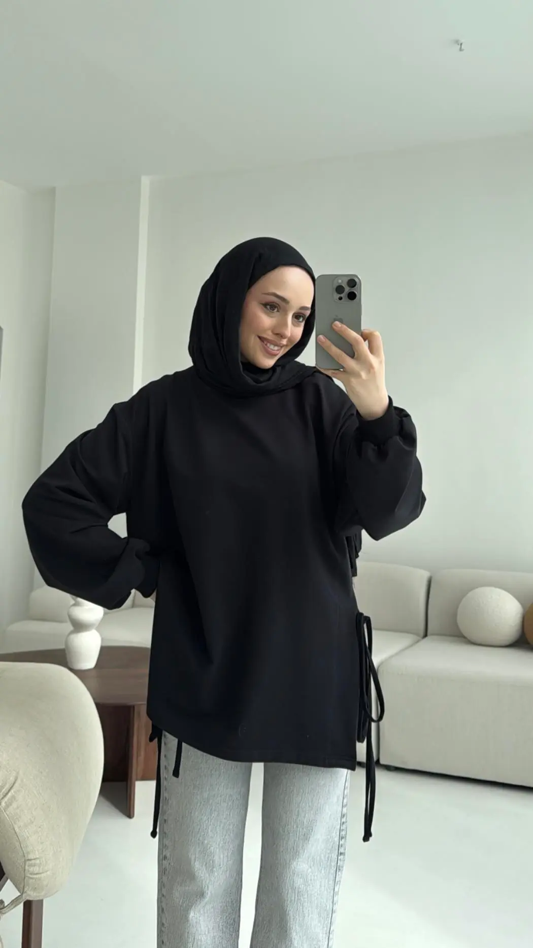 Yanları Bağlamalı Yazlık  Sweatshirt Siyah - Görsel 3