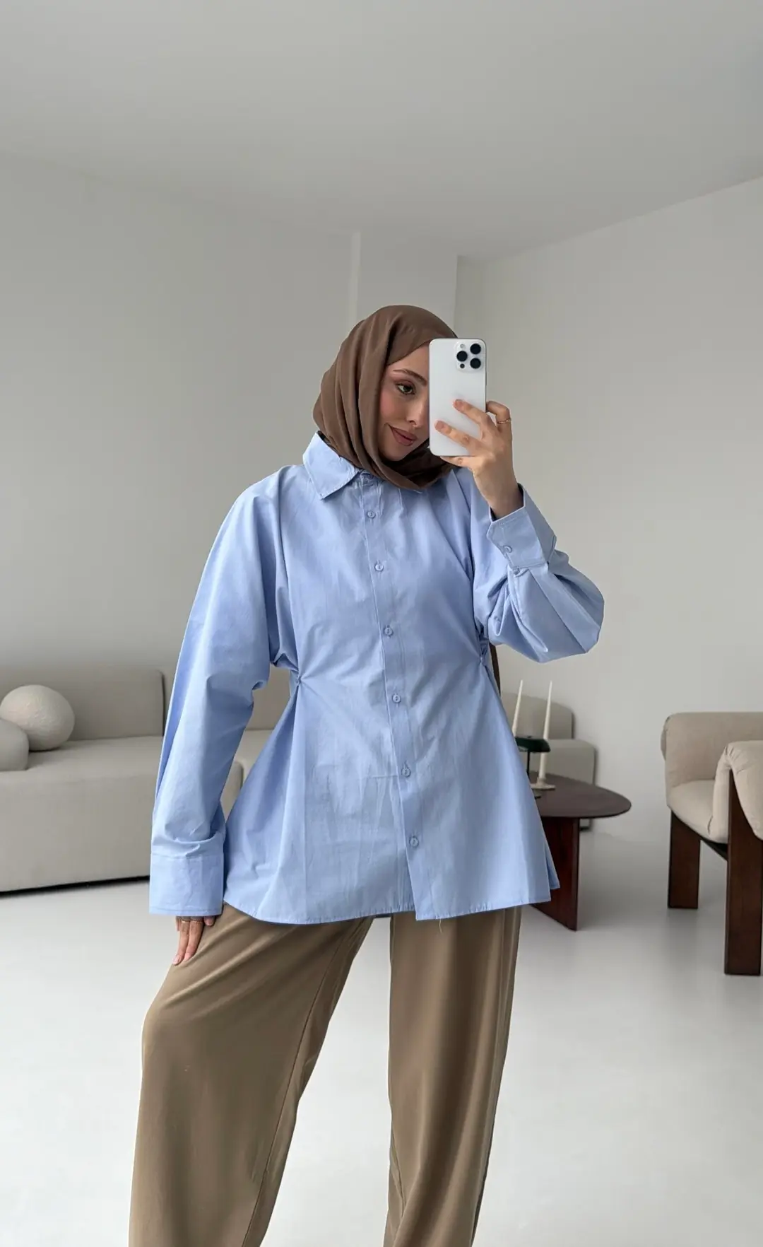 Yanları Düğmeli Gömlek Mavi - Görsel 5