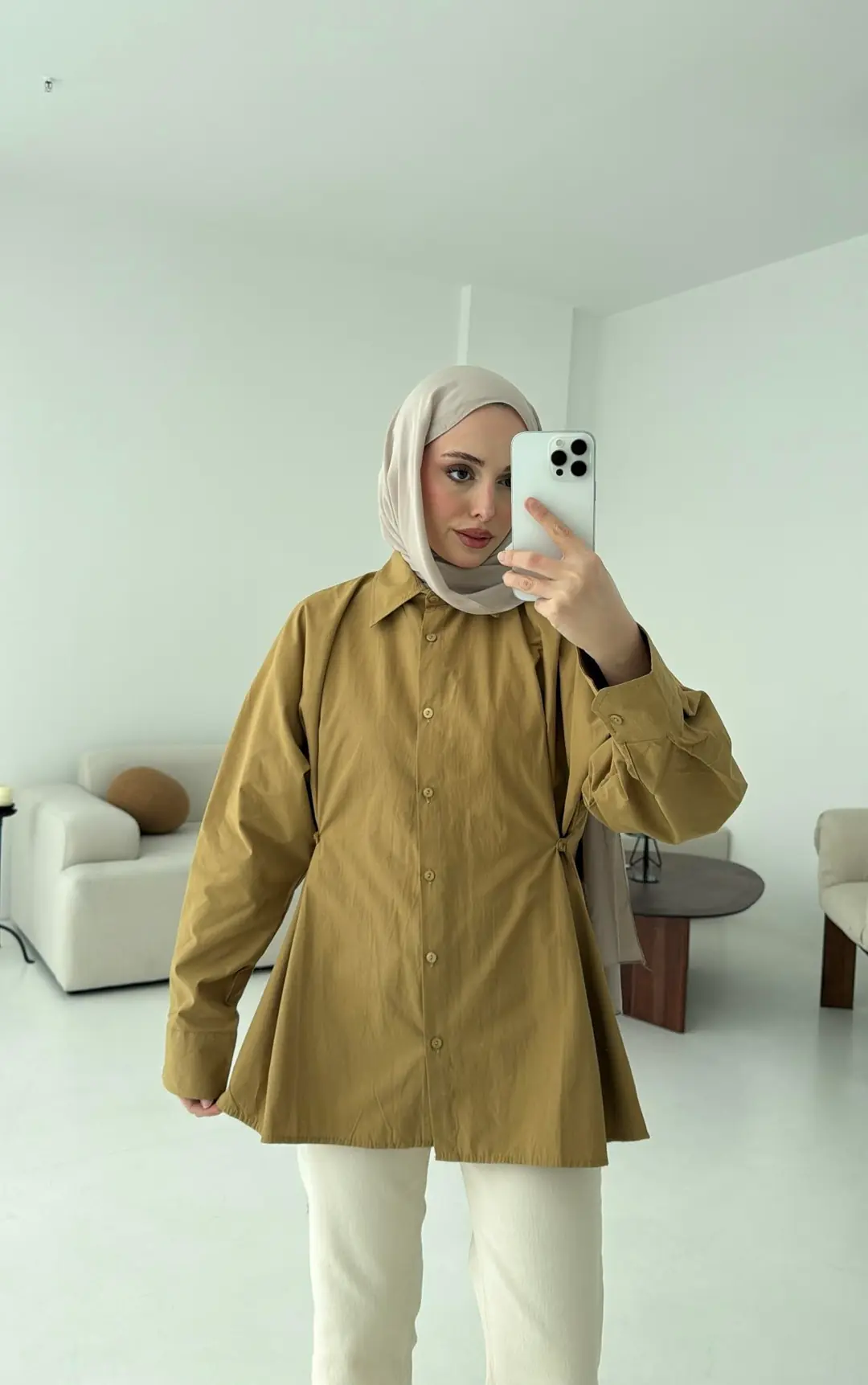 Yanları Düğmeli Gömlek Olive - Görsel 5