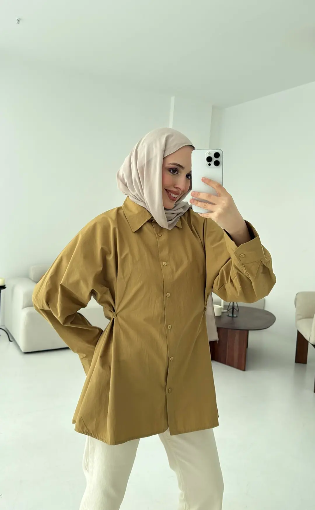 Yanları Düğmeli Gömlek Olive - Görsel 6