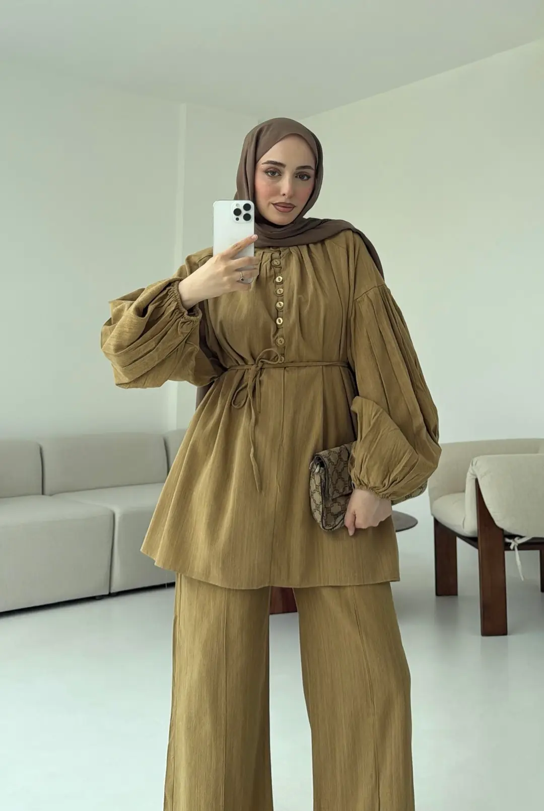 Yarım Düğme Detaylı Takım Hardal - Görsel 4