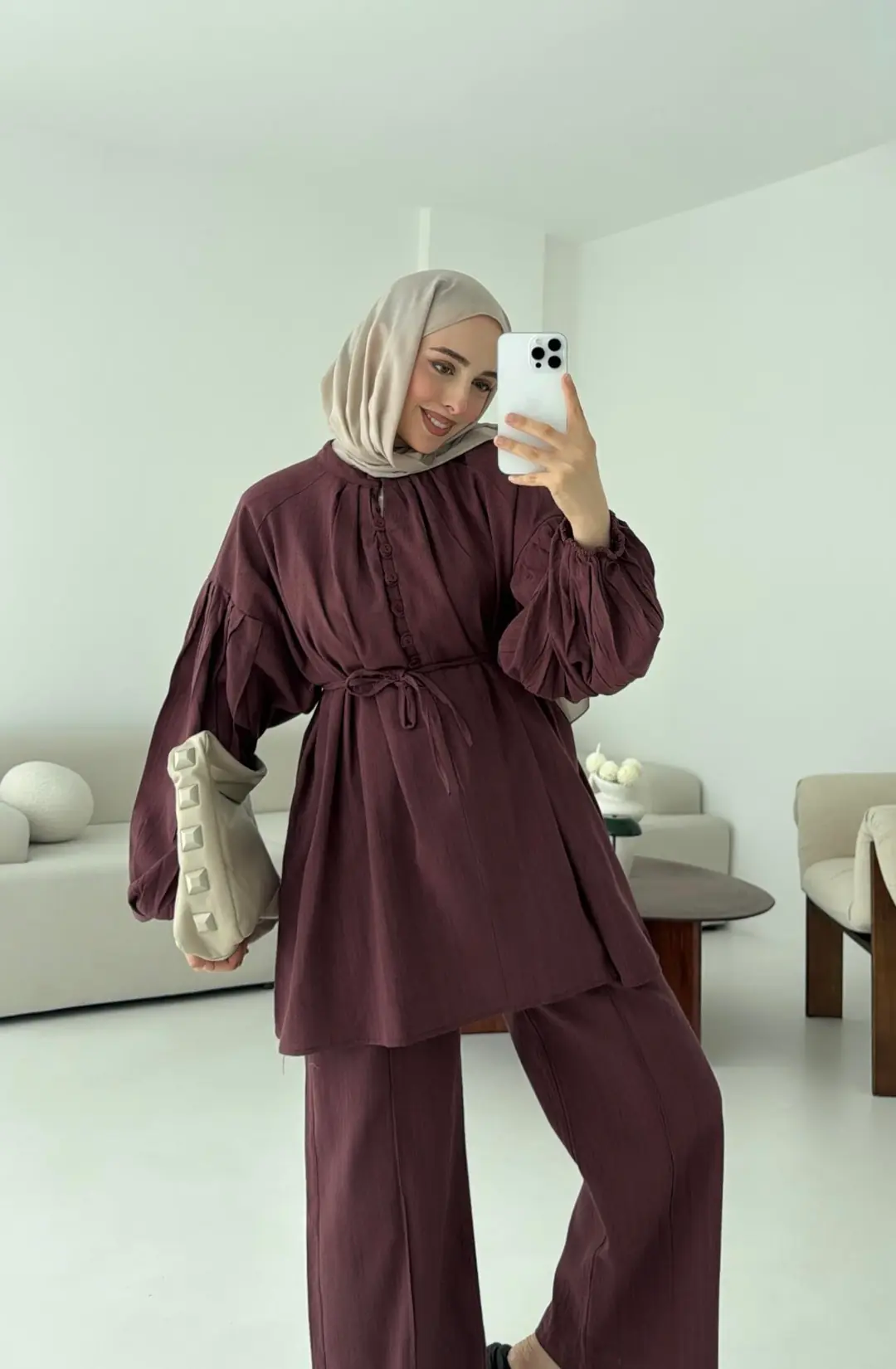 Yarım Düğme Detaylı Takım Kiremit