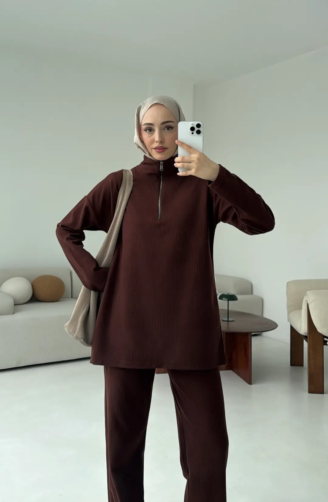 Yarım Fermuarlı Takım Kahve - Görsel 3