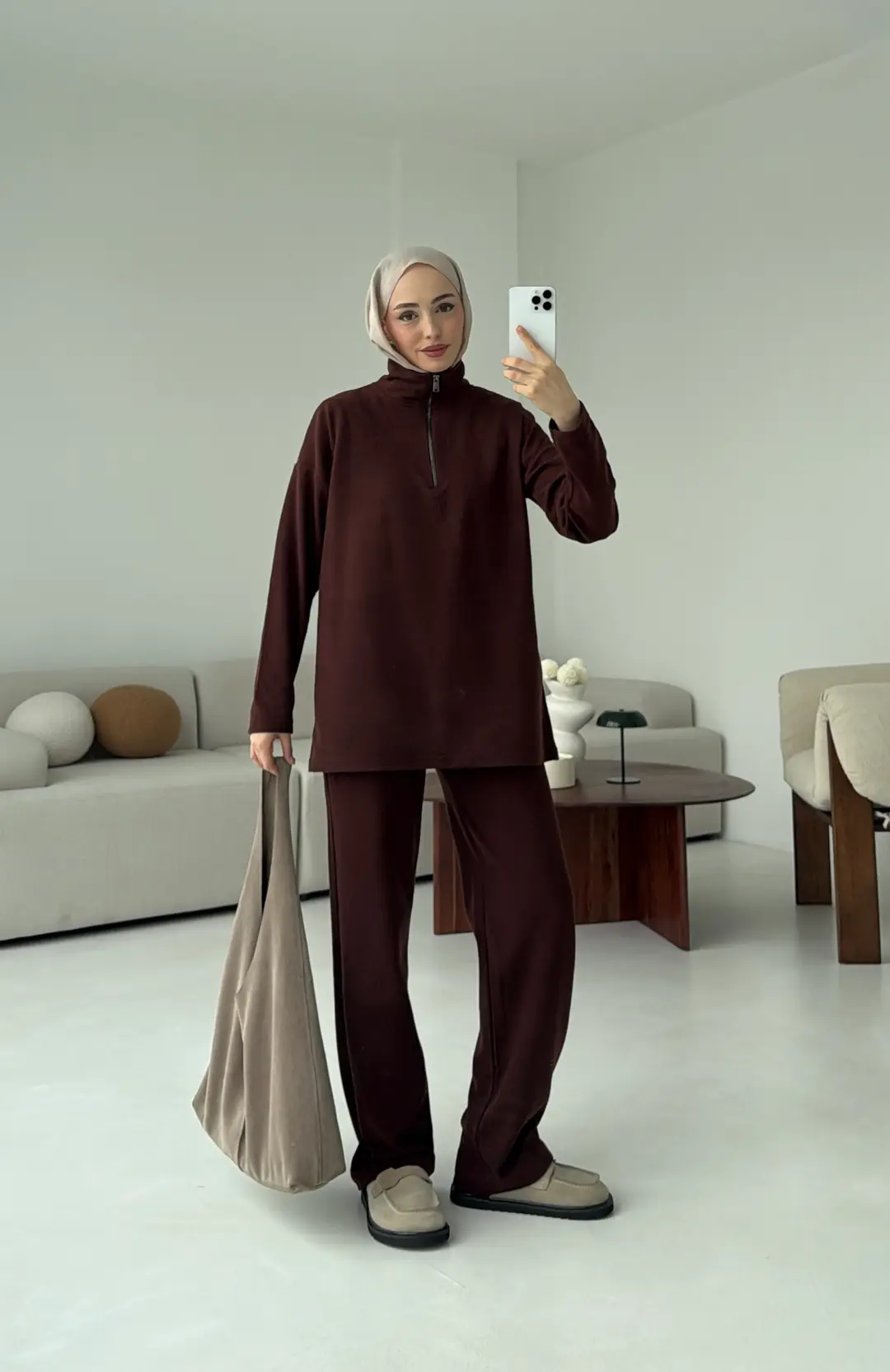 Yarım Fermuarlı Takım Kahve - Görsel 6