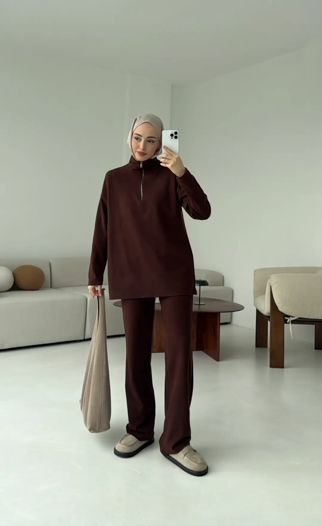 Yarım Fermuarlı Takım Kahve - Görsel 7